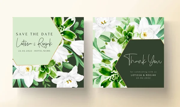 Elegant Watercolor White Flower Green Leaves Floral Background — Wektor stockowy