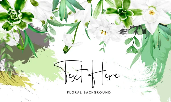 Elegante Acquerello Fiore Bianco Verde Foglie Sfondo Floreale — Vettoriale Stock