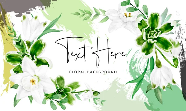 Elegante Aquarela Flor Branca Folhas Verdes Fundo Floral —  Vetores de Stock