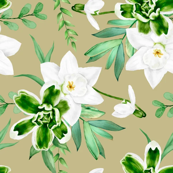 Elegant Watercolor White Flower Green Leaves Seamless Pattern Design — Stockvektor