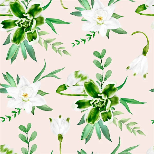 Элегантный Акварель Белый Цветок Зеленые Листья Бесшовный Дизайн Шаблона — стоковый вектор