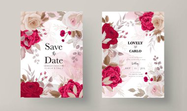 Çiçekli düğün davetiyesi şablonu. Kahverengi ve kestane rengi güller ve yapraklar.