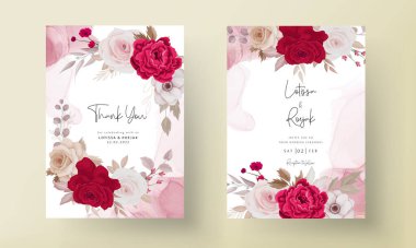 Çiçekli düğün davetiyesi şablonu. Kahverengi ve kestane rengi güller ve yapraklar.