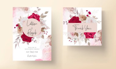 Çiçekli düğün davetiyesi şablonu. Kahverengi ve kestane rengi güller ve yapraklar.