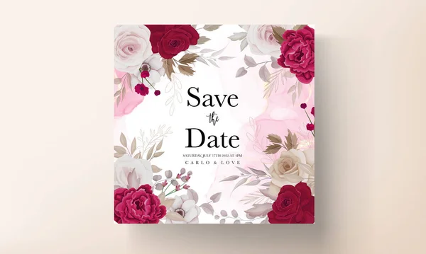 Floral Wedding Invitation Template Set Brown Maroon Roses Flowers Leaves — ストックベクタ