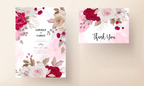 Floral Wedding Invitation Template Set Brown Maroon Roses Flowers Leaves — Archivo Imágenes Vectoriales