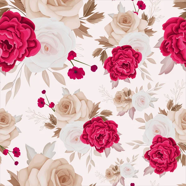 Floral Seamless Pattern Brown Maroon Roses Leaves Arrangements — Vetor de Stock