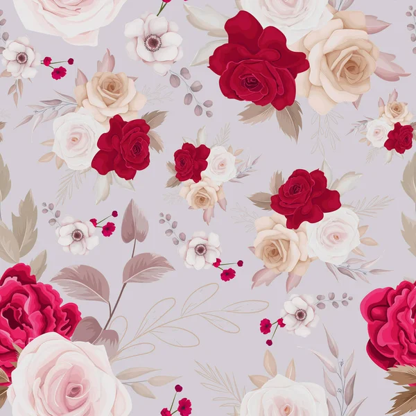 Floral Seamless Pattern Brown Maroon Roses Leaves Arrangements — стоковый вектор