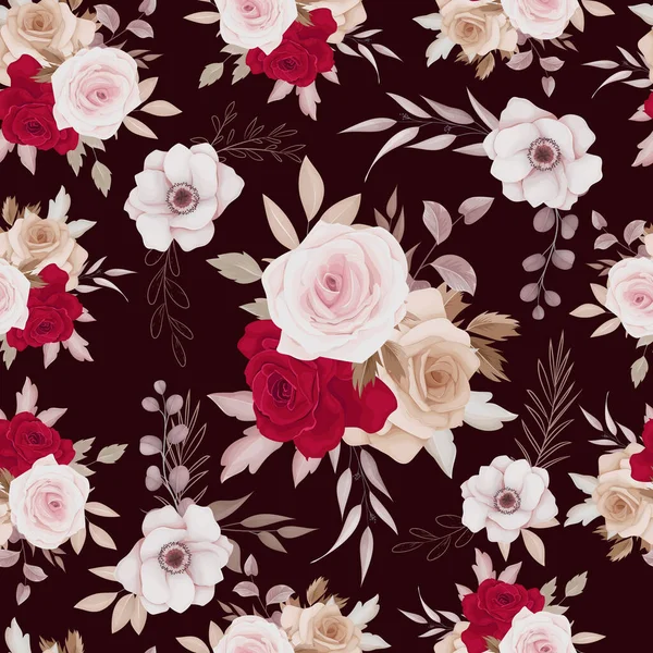 Floral Seamless Pattern Brown Maroon Roses Leaves Arrangements — Stockvektor