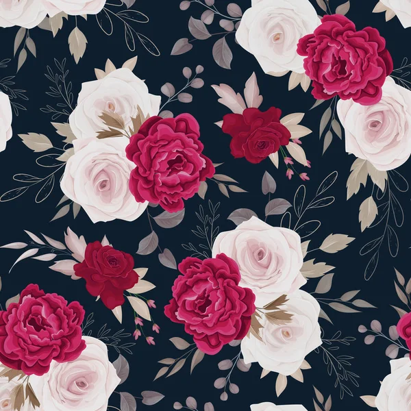 Floral Seamless Pattern Brown Maroon Roses Leaves Arrangements — Vector de stock