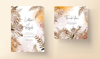 suluboya kahverengi yapraklı düğün davetiyesi şablonu