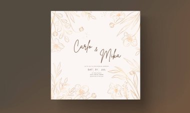 Hand drawn minimal wedding invitation template with elegant gold floral