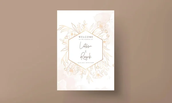 Hand Drawn Minimal Wedding Invitation Template Elegant Gold Floral — Vetor de Stock