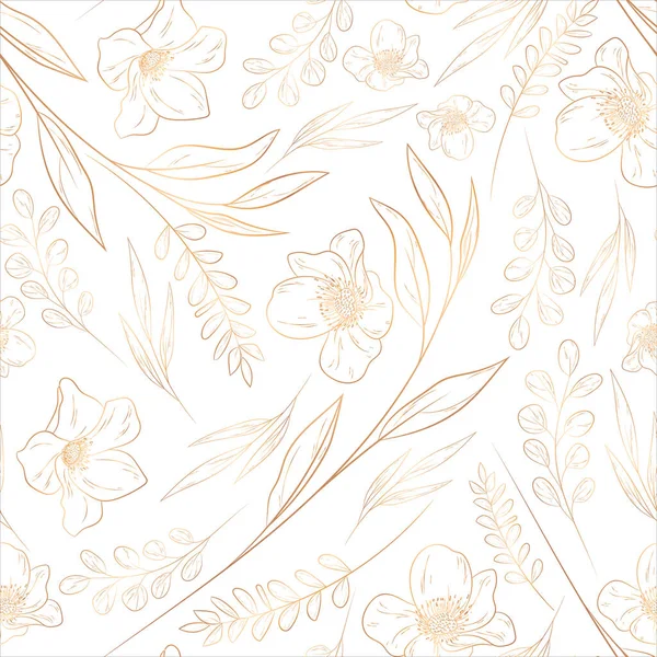 Hand Drawn Minimal Gold Floral Seamless Pattern — Vetor de Stock