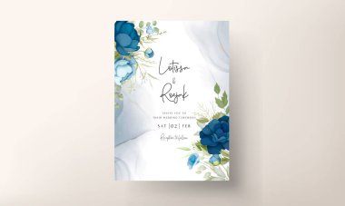 Hand drawn blue peony flowers wedding invitation