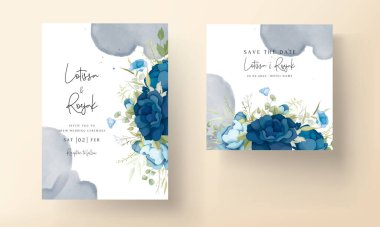 Hand drawn blue peony flowers wedding invitation