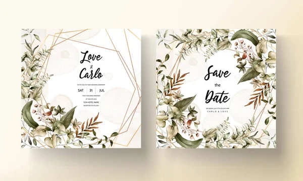 Wedding Invitation Card Pretty Watercolor Leaves — Stockový vektor