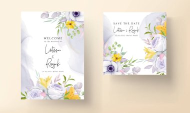 Güzel sarı ve gri çiçekli düğün davetiyesi