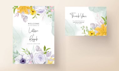 Güzel sarı ve gri çiçekli düğün davetiyesi