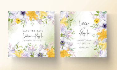 Güzel sarı ve gri çiçekli düğün davetiyesi