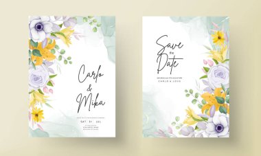 Güzel sarı ve gri çiçekli düğün davetiyesi