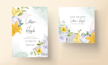 Güzel sarı ve gri çiçekli düğün davetiyesi