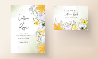 Güzel sarı ve gri çiçekli düğün davetiyesi
