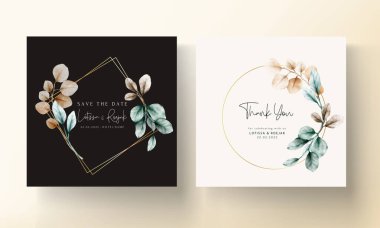 Zarif düğün davetiyesi, suluboya yaprakları ve adaçayı rengi.