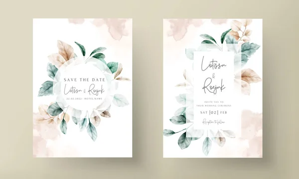 Elegante Hochzeitseinladungskarte Aquarell Blätter Mit Salbeifarbe — Stockvektor