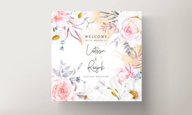 romantik el çizimi suluboya çiçekli davetiye kartı şablonu