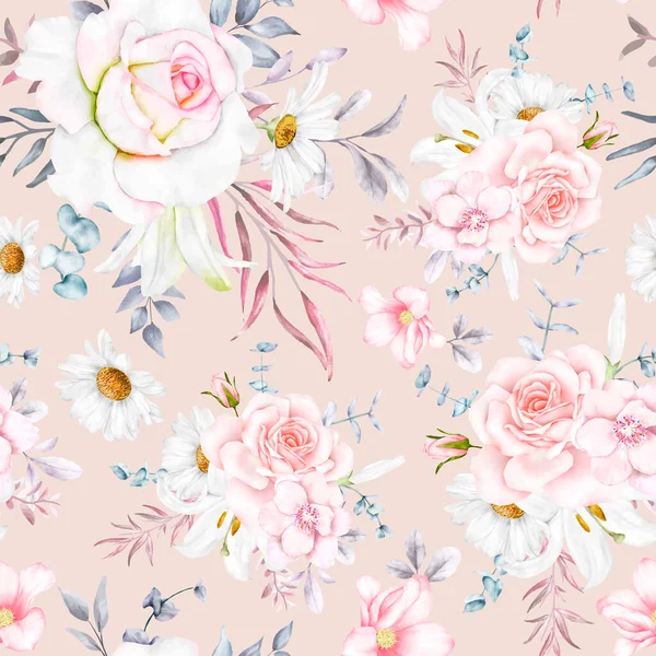 Élégant Motif Floral Sans Couture Avec Belle Fleur Feuilles Aquarelle — Image vectorielle