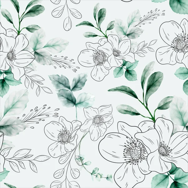 Ligne Fleur Élégante Motif Sans Couture Floral Aquarelle — Image vectorielle