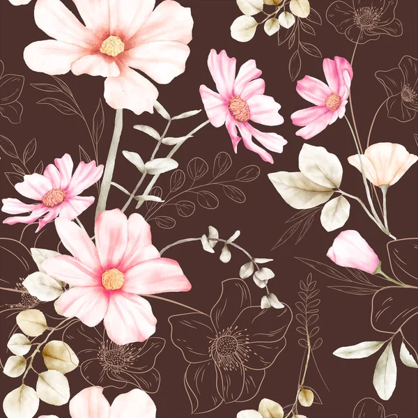 Elegant Flower Line Watercolor Floral Seamless Pattern — Stock Vector