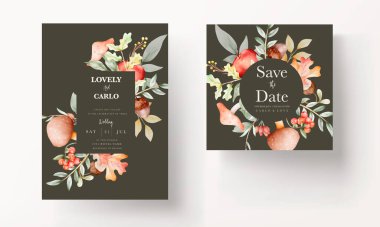 Klasik suluboya el çizilmiş botanik elma ve çiçek davetiye kartı