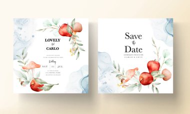 Klasik suluboya el çizilmiş botanik elma ve çiçek davetiye kartı