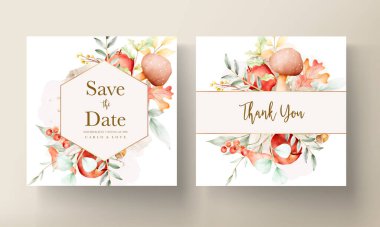 Klasik suluboya el çizilmiş botanik elma ve çiçek davetiye kartı