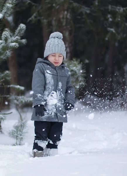 Un ragazzo in cappotto e cappello viene colpito da una palla di neve. — Foto Stock