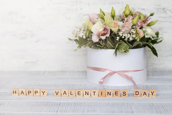 Flowers Box Light Wooden Background Inscription Happy Valentine Day — 图库照片