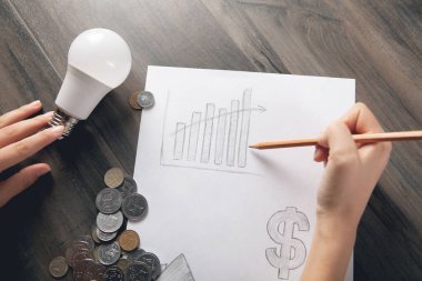 Bir kadın kağıda bir grafik çizer ve masanın üzerinde bozuk paralar ve bir ampul vardır.
