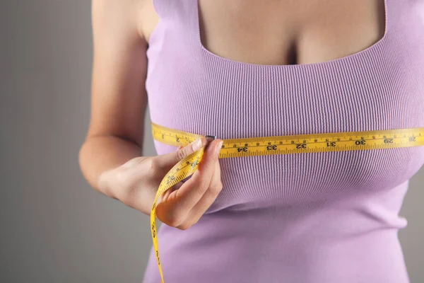 Young Woman Measures Her Bust Measuring Tape — Stock Photo, Image
