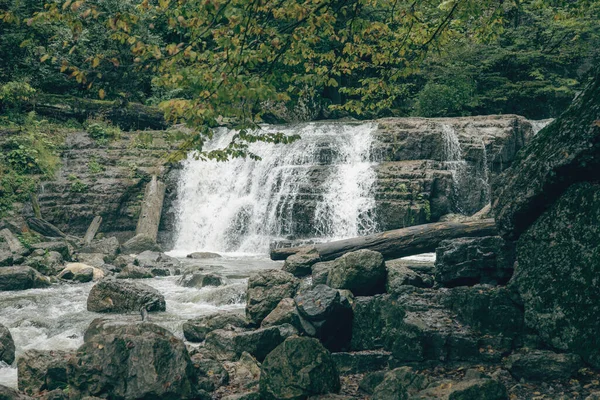 小さな滝が川に流れ込み — ストック写真