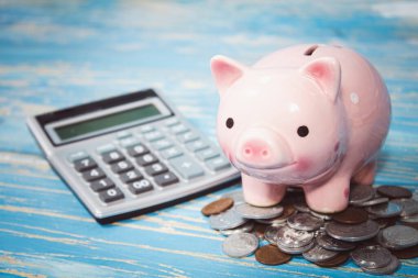 the piggy bank stands on a pile of coins next to the calculator