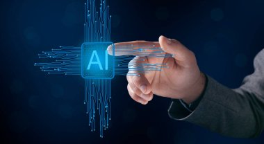 Yapay zeka konsepti. Yapay zeka ve anakart. Adam ekrana tıkla