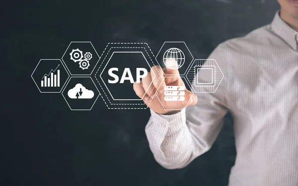 İnternet, iş, teknoloji ve ağ konsepti. Sanal ekran veri merkezinde SAP Sistem Yazılım Otomasyonu kavramı.