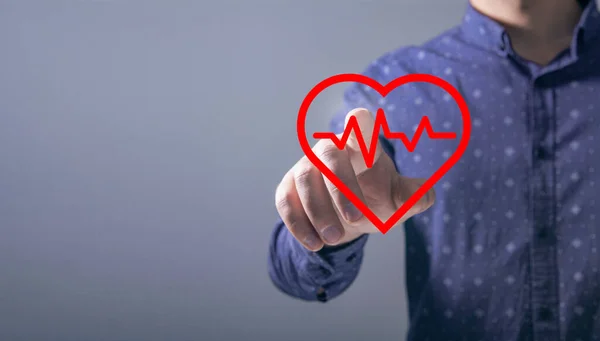 Batimento Cardíaco Ícone Coração Vermelho Homem Tocando Tela — Fotografia de Stock