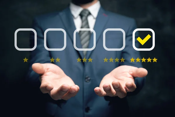 Stars Rating Checkmark Man Holding His Hands — Stock Photo, Image