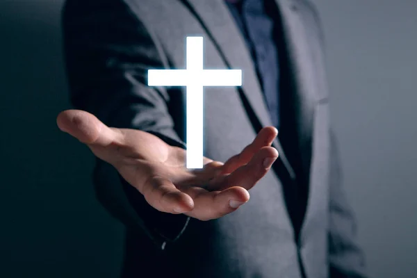 Christian Cross Icon Man Holding His Hand — Stock Photo, Image