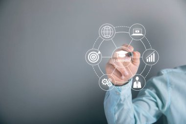 E-öğrenme ve ilgili ikonlar bir daire içinde. Ekranda tıklayan adam