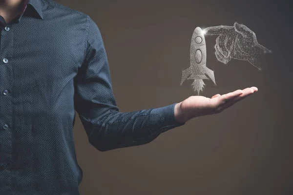Hand Net Presses Rocket Startup Concept Man Holding His Hand — Fotografia de Stock