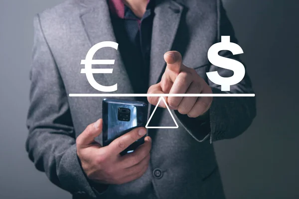 Euro Dollar Scales Man Tapping Screen — Fotografia de Stock